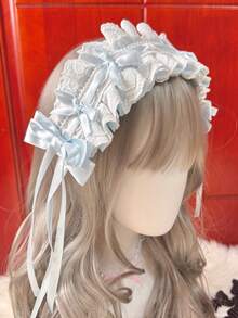 1件優雅雙層蕾絲飾邊髮箍，附甜美蝴蝶結與緞帶，蘿莉塔風時尚 Cosplay 女性髮飾 - 彩色 - 查看 2