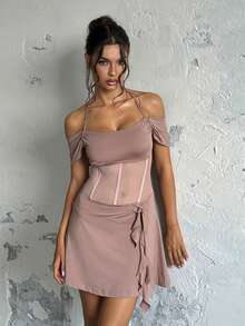 Autumn Waist Sheer Ruffle Hem Dress Women Elegant Dress - Khaki - View 5