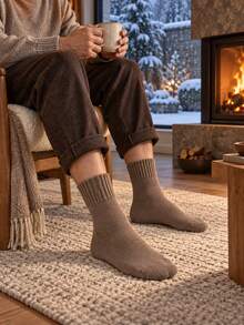 5 Pairs Unisex Winter Thickened Fleece Mid-Calf Couple Socks, Solid Millennium Brown Macaron Socks, Reinforced Ribbed Cuff, Warm Fleece Lining, Soft And Non-Binding - Multicolor - View 6