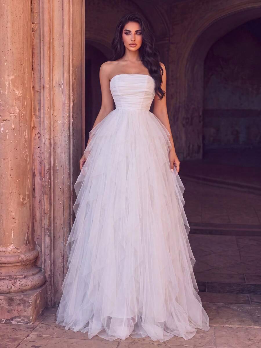 Elegant Strapless Formal Dress, Ruched Mesh Bodice, Long Flowing Skirt, Suitable For Special Occasions - White - View 1
