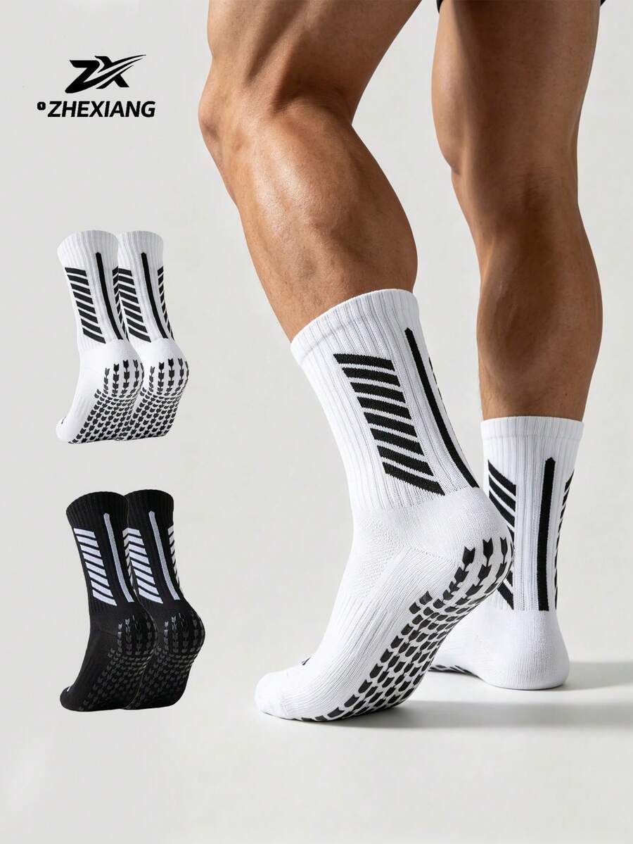 1/3/6 Pairs Men's Silicone Anti-Slip Mid-Calf Socks, Breathable & Sweat-Absorbing Sports Socks For Fitness, Running, Basketball, Football Training - Black and White - View 1