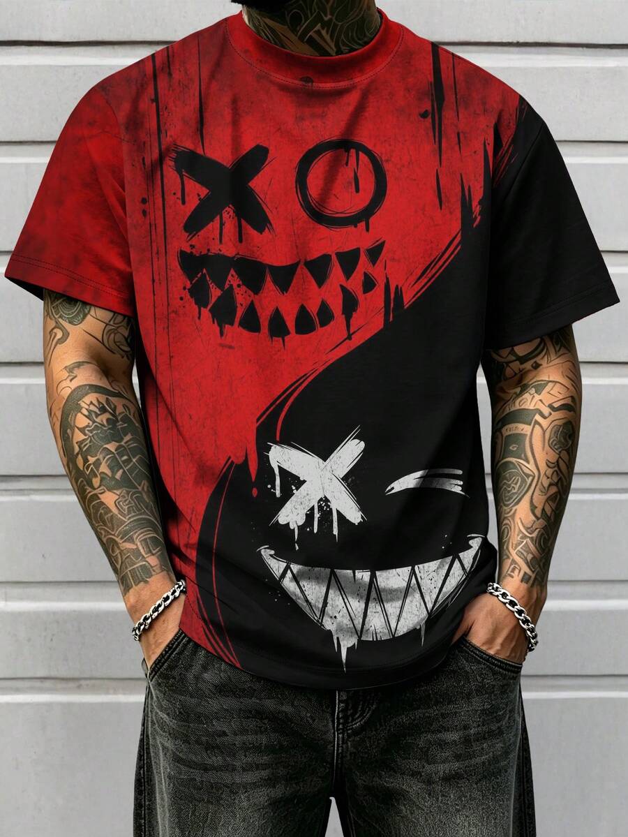Men's Plus Size Yin Yang Smiling Face Print Casual Short Sleeve Crew Neck Streetwear T-Shirt, Suitable For Daily Wear, Vacation, Party, Gothic Style - Red - View 1