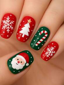 24pcs Short Square Christmas Press-On Nails, Snowflake, Santa Claus, Snowman, Christmas Tree Pattern Fake Nails, With Jelly Glue And Nail File, Suitable For Women Daily, Party, Holiday Use - Multicolor - View 1
