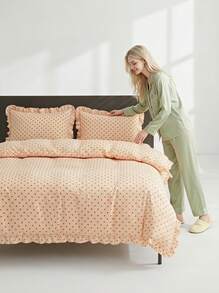 Veyra Day 3pcs Ruffled Duvet Cover Set - Soft Polyester Polka Dot Bedding Set, Aesthetic Cottagecore Dot Quilt Cover With Ruffle Hem, 1 Duvet Cover + 2 Pillowcases (No Sheet & No Insert) - Light Yellow - View 2