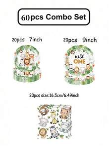 10/20/40/50/60/80pcs Disposable Paper Tableware Set Jungle Safari Wild One Party Supplies: 80 Pieces Set Of Paper Plates, Cups, And Napkins For First Birthday Party Decorations - Multicolor - View 16