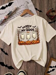 Plus Size Women Round Neck Short Sleeve Halloween Ghost Pumpkin Print T-Shirt - Khaki - View 3