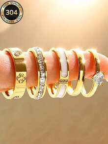 5pcs/Set 304 Stainless Steel Gold Tone Band Rings Heart Zirconia & White Enamel Stacking Rings Waterproof Jewelry - Gold - View 1