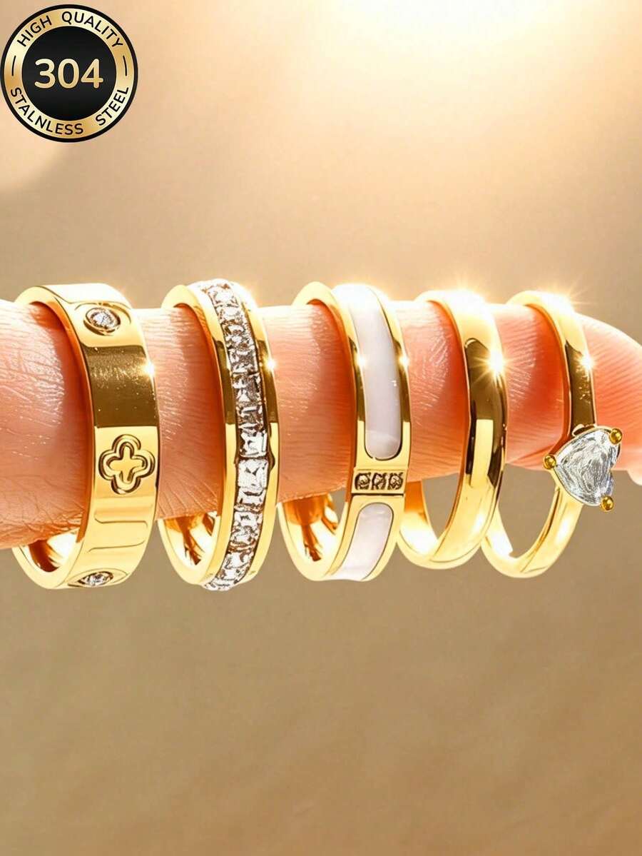 5pcs/Set 304 Stainless Steel Gold Tone Band Rings Heart Zirconia & White Enamel Stacking Rings Waterproof Jewelry - Gold - View 1