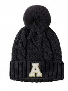 1 Pc Customizable A-Z Letter Black Cable Knit Pom Pom Beanie For Women Men, Stylish Cuffed Beanie For Outdoor, Concert, Daily Autumn Winter Wear - Black - View 5