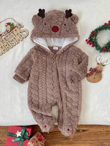 New Baby Boy Cartoon Christmas Reindeer Footed Romper, Thick Soft Fleece Hooded Crawler, Autumn/Winter Baby Outwear - Coffee Brown - View 2