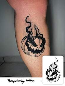 1pc Temporary Tattoo Sticker, Black & Grey Stippling Flaming Demon Pumpkin Pattern, Realistic Fake Tattoo Design, For Daily Wear, Bachelorette Party Favors, Music Festival, Game, Graduation Gift, Lasts 3‑5 Days - Black - View 1