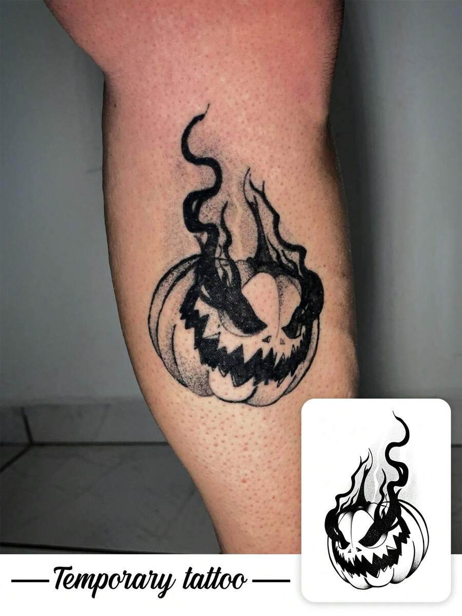 1pc Temporary Tattoo Sticker, Black & Grey Stippling Flaming Demon Pumpkin Pattern, Realistic Fake Tattoo Design, For Daily Wear, Bachelorette Party Favors, Music Festival, Game, Graduation Gift, Lasts 3‑5 Days - Black - View 1