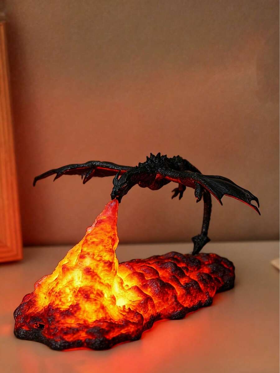1PC Fire Breathing Dragon Lava Lamp, 3D Printed LED Dragon Night Light, Glowing Flame Volcano Base Ambient Lamp, Fantasy Game Room Decor, Creative Halloween Birthday Gift For Dragon Lovers & Gamers