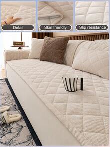 1pc Comfortable Solid Color Diagonal Macaron Velvet Sofa Cushion, Non-Slip Machine Washable, 3D Textured Furniture Protector Cover, Suitable For Home Use - Beige - View 1