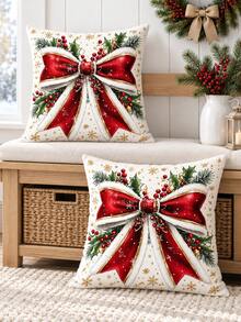shangxia 2PCS--Red Bow Holly Berry Print Throw Pillow Covers, Snowflake Pine Branch Sofa Decorative Cushions (Pillow Insert Not Included)-- (Multiple Sizes) - Multicolor - View 1