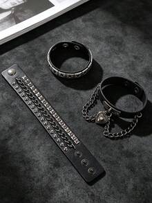Unisex Multi-Pack Adjustable Pyramid Metal Decor & Heart Lock Star Print Gothic Punk Rock Faux Leather Alloy Bracelet Set All Season - Black - View 6