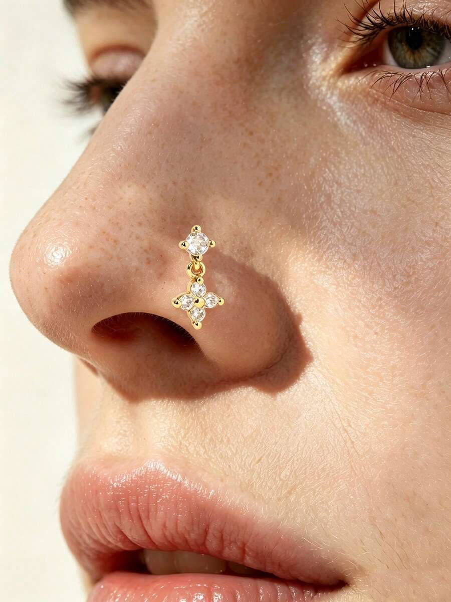1pc 20G Dangle Nose Stud Nose Ring Nose Piercing Screw Hoop With CZ, Suitable For Women, Valentine's Day, Mother's Day, Gift - Yellow Gold - View 1