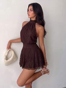Women's Sexy Halter Neck Sleeveless Lace Mini Dress, Back Tie, Built-In Safety Shorts, Flared A-Line Hem, Suitable For Casual Or Formal Occasions - Brown - View 3