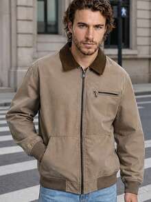 Men's Autumn/Winter Corduroy Patchwork Contrast Color Zipper Placket Casual Versatile Workwear Jacket, Suitable For Daily Outings And Commuting - Khaki - View 1