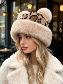 1pc Cute Leopard Print Plush Knitted Bucket Hat With Bear Ears For Women, Fashionable Warm Ear Protection Hat For Autumn/Winter - A - View 8