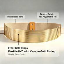 1pc Gold PVC Elastic Women's Wide Waist Belt, Adjustable, 87cm Length, Suitable For Evening Dress - Gold - View 3