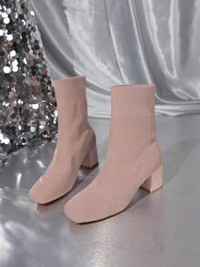 Women's Elastic Knit Square Toe Sock Boots, Mid-Calf Chunky Heel, Sexy Style, Solid Color Knit Fabric, Suitable For Dating And Commuting, Plus Size - Dusty Pink - View 9