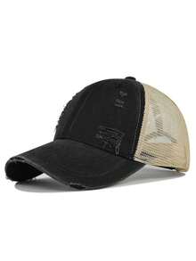 1pc Distressed Mesh Trucker Hat Unisex, Vintage Washed Ripped Cap, Adjustable Breathable Patchwork Sun Cap,Retro Streetwear Hat For Outdoor Daily Wear - A - View 5