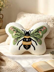 1pc Butterfly And Bee Embroidered Throw Pillow – Floral And Botanical Design – Nordic/Ins-Style Decorative Cushion For Living Room Sofas. - Green - View 5