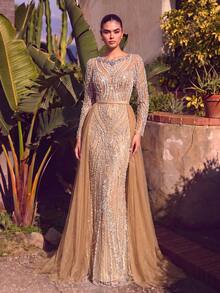LUVISTRUE Women's Elegant Charming Romantic Round Neck Formal Evening Gown, Mesh Sequin Zipper Design, Mermaid Long Dress For Ball Cocktail Party Gala - Champagne - View 6