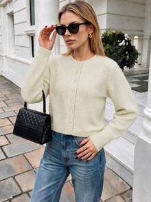 Nicenter Round Neck Knitted Cardigan, Cream White Vintage Women's Autumn Outfit, Short Fitted Single-Breasted Shiny Yarn Coarse Wool Blend Sweater, Daily Commute Casual Wear - Apricot - View 9