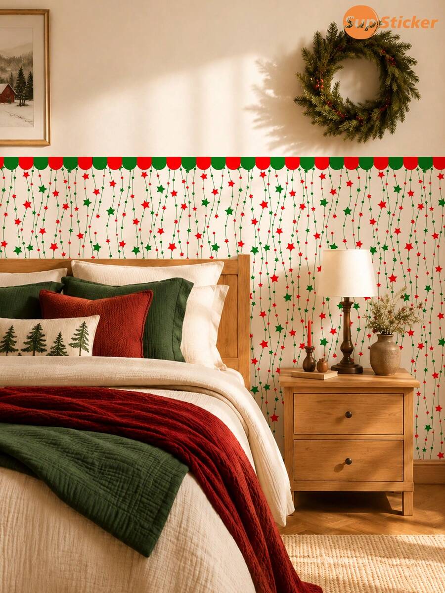 SUPSTICKER 1PC Vintage Christmas Peel And Stick Wallpaper, Red Ribbon Tree Car Pattern, Removable Self Adhesive PVC Half Wall Decor For Living Room - 1PC - View 1