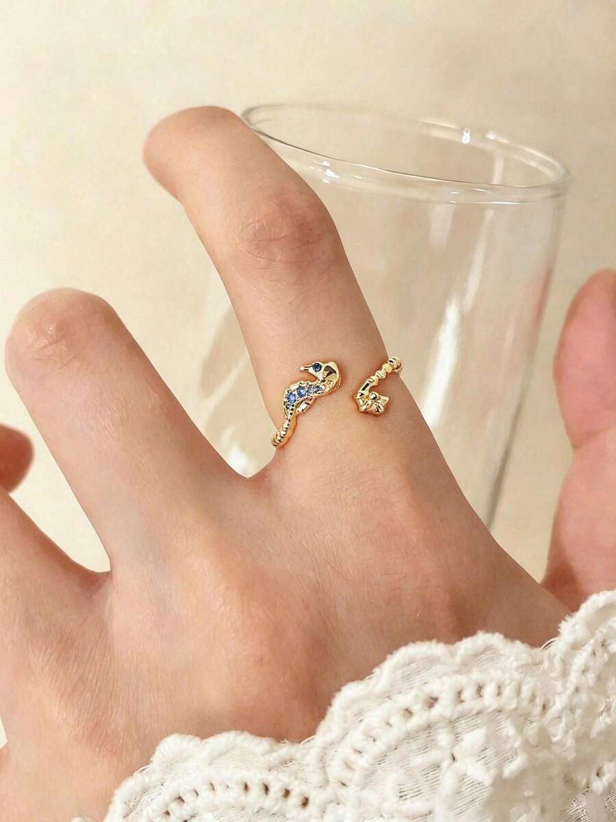 1件海洋風海馬開口戒指，創意個性時尚簡約休閒百搭優雅女款珠寶，適合日常配戴、派對與通勤