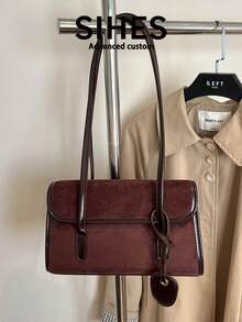 1pc Solid Color Suede New Women's Bag, Shoulder Bag, Fashion Square Handbag, Baguette Bag, Magnetic Closure, Dual Handles, Suitable For Commuting, Shopping, Dating, Shopping - Coffee - View 10