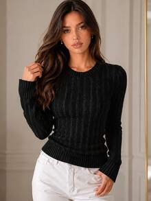 Yuwenier Vintage Black Cable Knit Sweater Round Neck Sequin Glitter Thread Long Sleeve Slim Fit Textured Pullover Casual Office Daily Autumn Outfits - Black - View 2