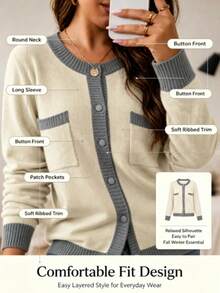Cardigan Rajut Blok Warna Ukuran Besar, Sweater Lengan Panjang Kerah Bulat dengan Kancing Depan, Dilengkapi Saku, Pakaian Luar Kasual Musim Gugur/Dingin - Unta - View 2