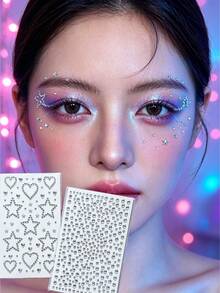 1pc/1set Silver Heart & Star Christmas Face Rhinestone Stickers, Self-Adhesive Glitter Face Stickers For Music Festival, Christmas Party Eye Makeup Decoration, With Exclusive Tweezers - Multicolor - View 4