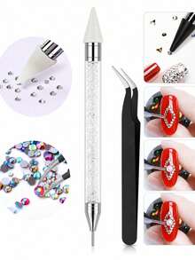 8pcs Rhinestone Tool Set With Silicone Tips, Detachable; Ideal For Picking And Applying Crystals, Diamonds, Resin Gems And Beads, Suitable For Beginners And Artists. Comes With Flat-Back Resin Rhinestones, Perfect For DIY Handmade Decoration Of Cups, Shoes And Other Items. - View 10