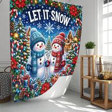 1pc/4pcs Holding Hands Snowman Pattern Multifunctional Bathroom Decor Shower Curtain Set, Free 12 Hooks, Premium Holiday Atmosphere, Bathroom Mat, U-Shaped Floor Mat And Round Toilet Lid Cover, Suitable For All Occasions, Bathroom Set - Holding Hands Snowman - View 2