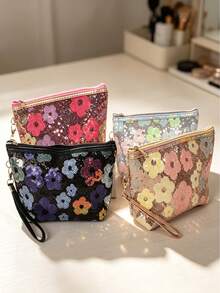 1pc Large Capacity Sequin Floral Fashion Makeup Bag With Handle And Zipper, Portable Cosmetic Storage Organizer For Phone, Coins, Data Cable, Etc., Suitable For Women, Home, Travel, Business Trip, Daily Commute, All Seasons - Multicolor - View 3