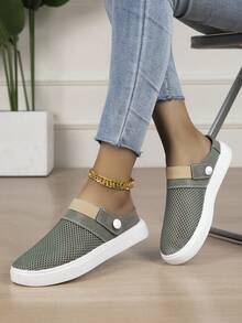 Women's Mesh Half-Slip Casual Shoes With Heel Strap Design Low-Top Daily Wear Shoes - Dark Army Green - View 2