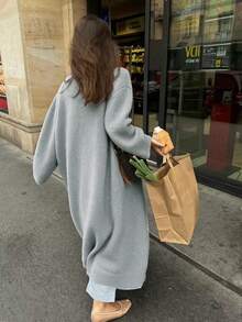 FOR BEAUTY V-Neck Oversized Cardigan, Fashionable & Versatile, Minimalist Long Knit Sweater Jacket, Gray Cardigan, New Year Casual Fall - Grey - View 7