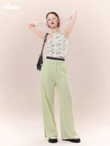 CHUU Drawstring Split Hem Casual Pants Women Autumn Design Elastic Waist Patchwork Versatile Wide Leg Long Pants - Mint Green - View 3