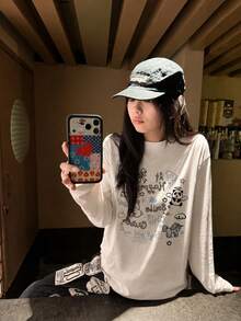 Cute Sweet Cartoon Fun Print T-Shirt Women, Loose Fit, Pure Cotton Round Neck Autumn Long Sleeve Base Layer - White - View 3