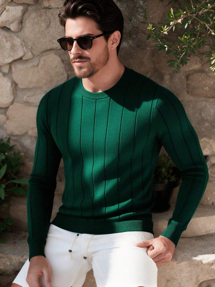 ALTZTAR Men's Casual Ribbed Knit Sweater, Round Neck, Minimalist Fashion Suitable For Daily Wear - Green - View 1