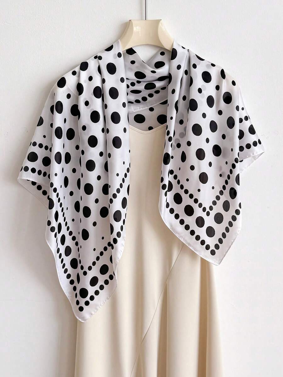 1 Pc Fashion Women's Leisure Wave Point Pattern Imitation Silk Scarf Hair Versatile Square Bandana Sunscreen Shawl For Daily Vacation Decor Ribbon. - White - View 1