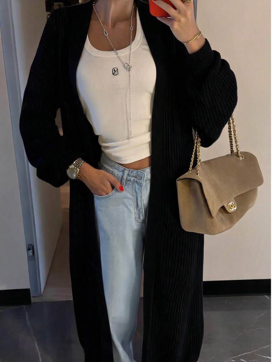 Double Pocket Drop Shoulder Duster Cardigan,Long Sleeve Tops Fall Winter Cloth For Women - Black - View 1