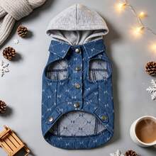 1pc Pet Dog Jacket With Back Leash Ring, Denim Color Hooded Jacket, Suitable For Small/Medium Dogs, Puppies And Cats, For Outdoor And Indoor Wear In Cold Autumn/Winter Weather - Blue - View 4