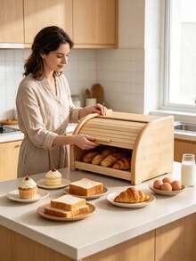 Wood Roll Top Bread Box, Natural Solid Wood Moisture-Proof Air Circulation Storage Container, Large Capacity Countertop Bread Keeper With Slatted Base, Rustic Kitchen Storage For Homemade Buns Loaves Pastries, Ideal For Home Cooks, Family Households - Multicolor - View 10