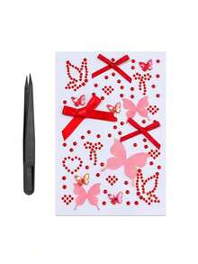 1 buah/1 set Stiker Wajah Tema Natal Tahun Baru, Stiker Wajah Pita Merah dengan Hiasan Berlian Imitasi, Stiker Wajah Kombinasi Hati & Bintang, Stiker Dekorasi Riasan Suasana Pesta Liburan Natal dengan Pinset Eksklusif - Merah - View 11