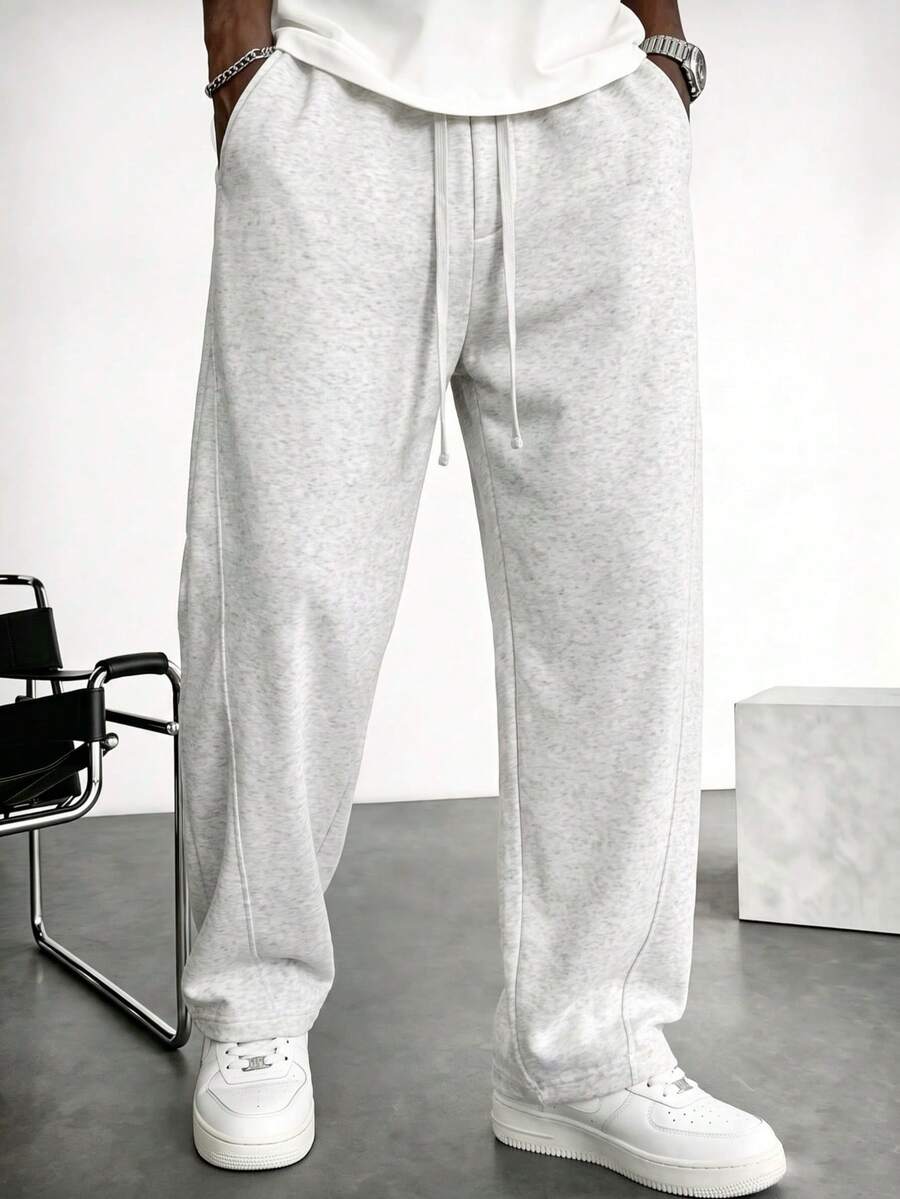 Blueprint Man 1pc Men's Long Pants Solid Color Drawstring Elastic Waist Loose Drape Knit Fabric Soft Skin-Friendly Durable Easy Care Machine Washable Dry Cleanable Casual Relaxed Versatile Style Daily Friends Gathering Commute Office Wear Men's Clothing - Light Grey - View 1